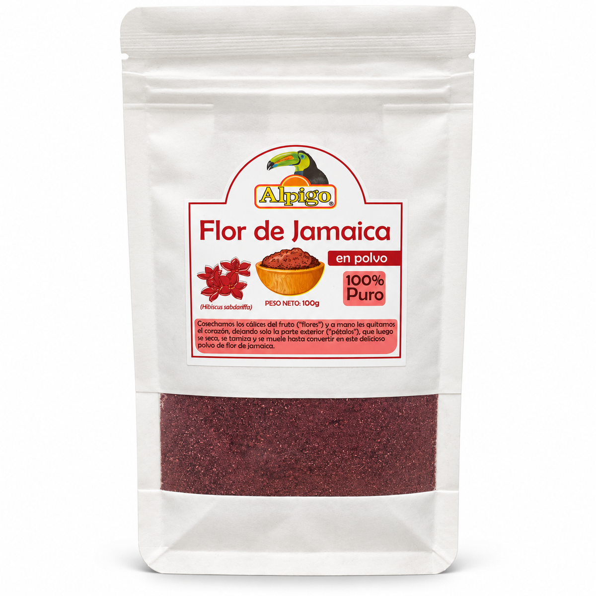 Flor de Jamaica en polvo Alpigo de 100 g, empaque blanco con ventana transparente sobre fondo blanco.