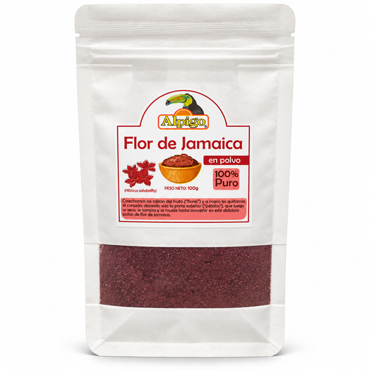 Flor de Jamaica en polvo Alpigo de 100 g, empaque blanco con ventana transparente sobre fondo blanco.