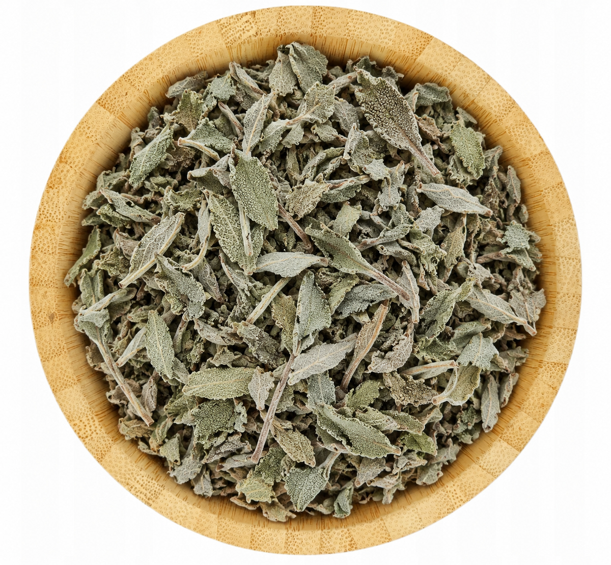 Salvia seca en tazón de bambú