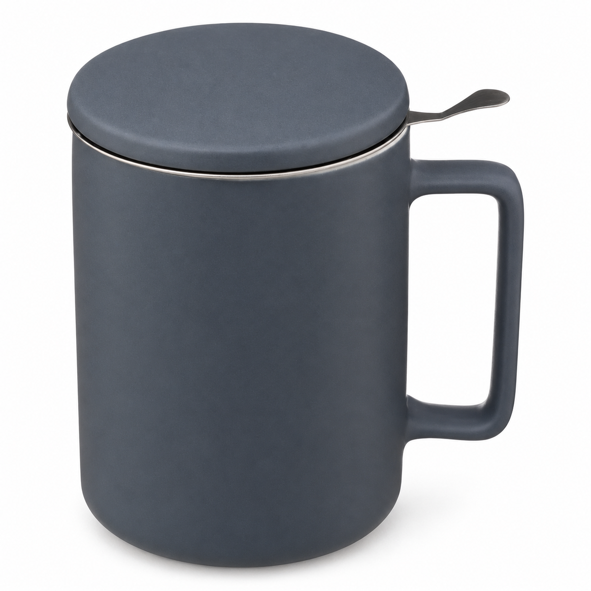 Taza de porcelana gris de 400 ml con tapa, asa rectangular e infusor.
