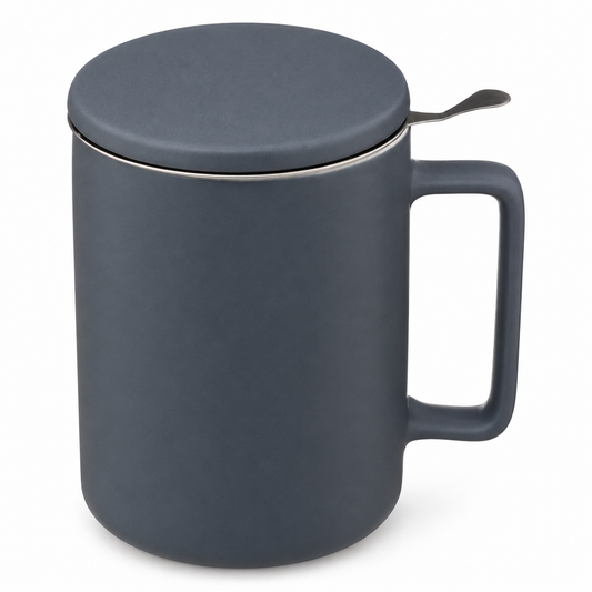 Taza de porcelana gris de 400 ml con tapa, asa rectangular e infusor.
