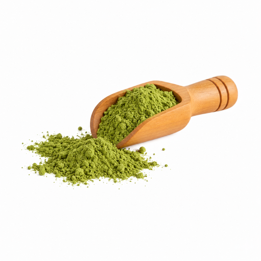 Té matcha japonés en polvo en cucharita de madera sobre fondo blanco.