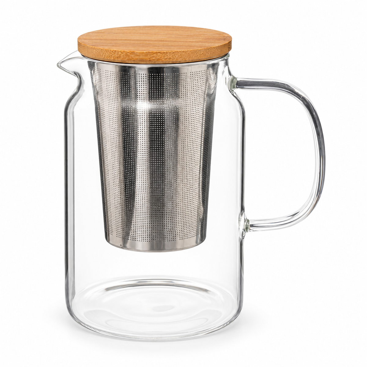 Tetera de vidrio de 900 ml con tapa de bambú e infusor metálico, sobre fondo blanco.