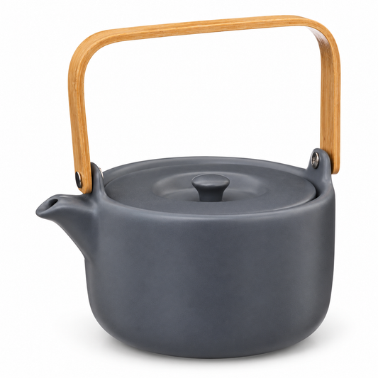 Tetera de loza de 800 ml con cuerpo gris oscuro y asa superior de bambú.