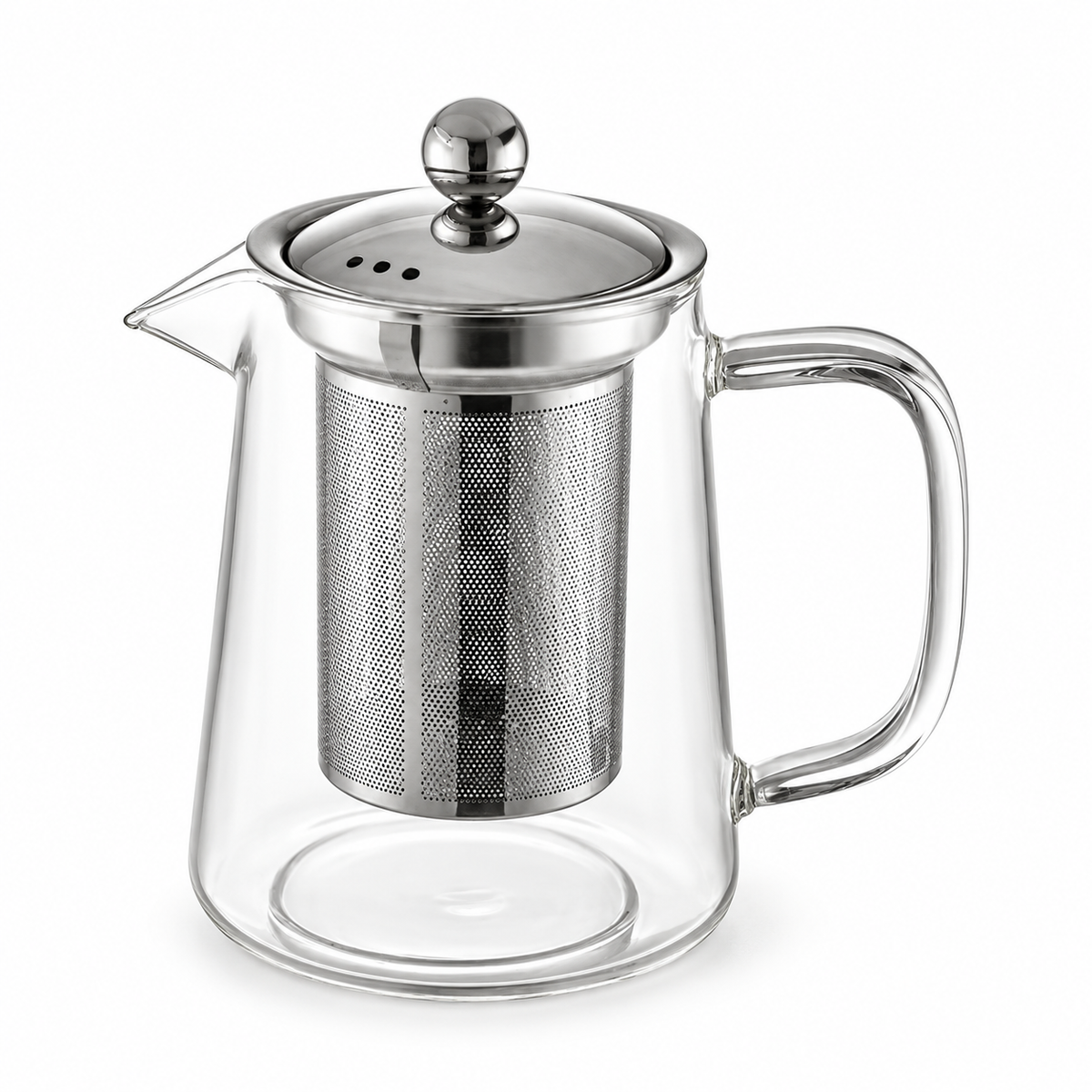 Tetera de vidrio de 1.3 litros con tapa e infusor de acero inoxidable sobre fondo blanco.