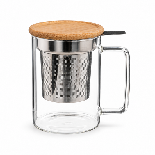 Vaso de vidrio de 450 ml con infusor metálico, asa rectangular y tapa de bambú.