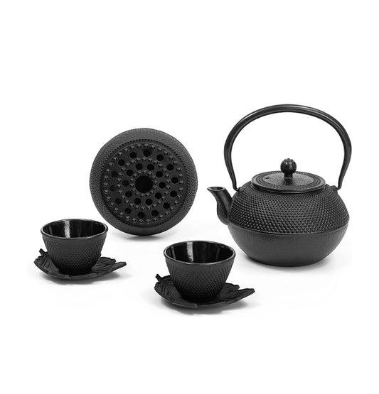Tetera Hierro Fundido + Calentador + 2 Tazas + 2 Platos Hoja